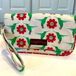 Bungalow 360 canvas wristlet with humming bird and flower print